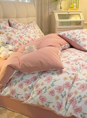 ins风小清新绿色水洗双层四件套棉麻纱被套学生宿舍床单三件套