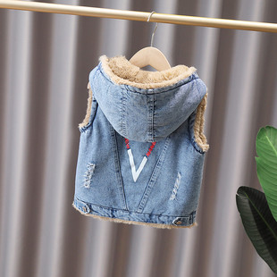 男童牛仔加绒马甲秋冬外穿加厚连帽马夹中小童2025新款洋气坎肩