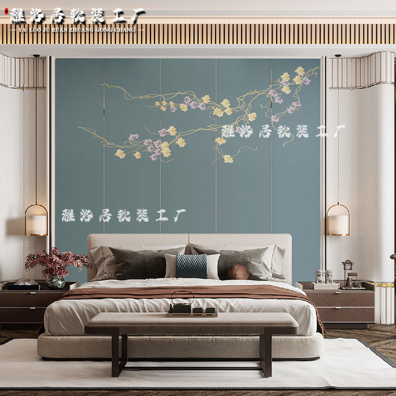 木饰面刺绣硬包背景墙定制客厅电视装饰壁画卧室床头护墙板新中式