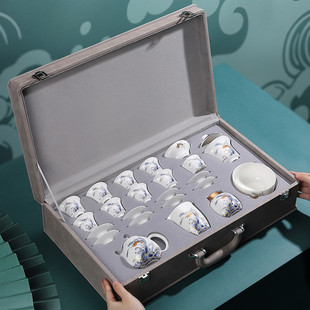 热销锦绣前程整套羊脂玉瓷茶具套装皮盒白瓷德化房地产商务礼瓷