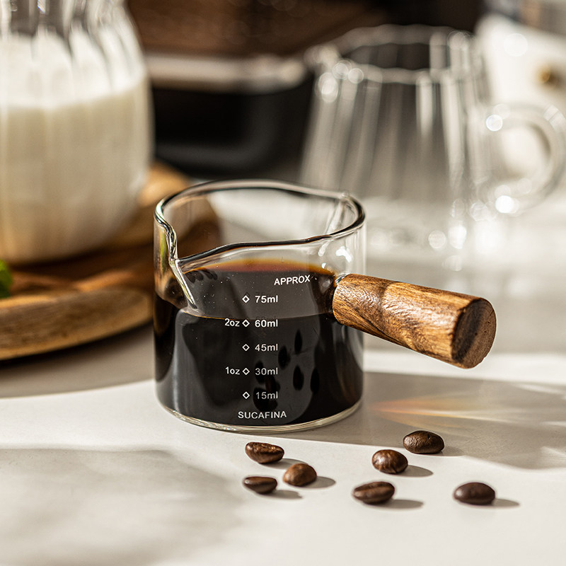 摩登主妇咖啡杯玻璃刻度量杯意式浓缩咖啡液萃取杯接液杯木柄奶盅