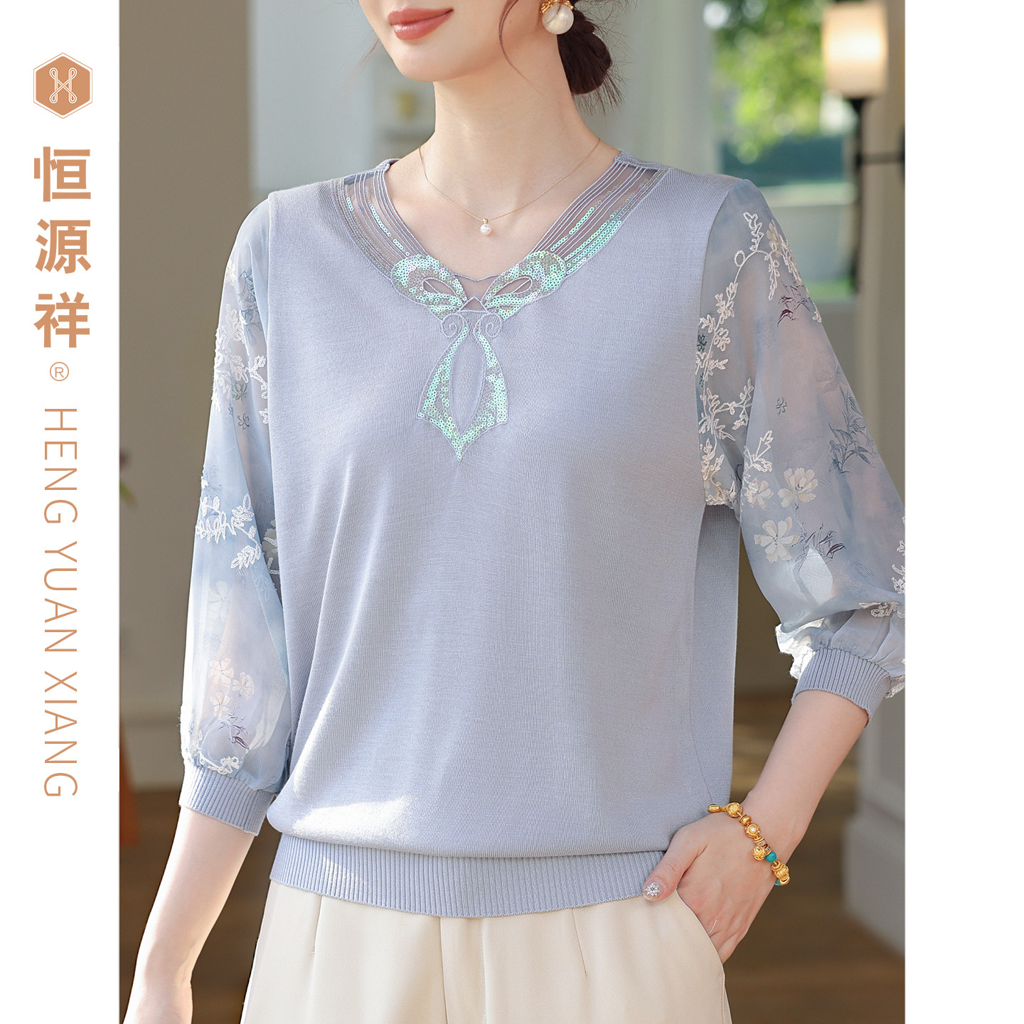 恒源祥春夏V领雪纺袖针织衫女宽松透气妈妈薄款中老年洋气打底衫