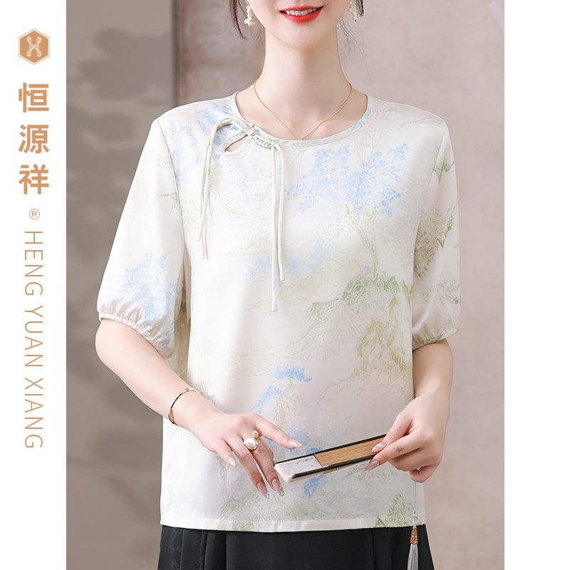 恒源祥夏季雪纺短袖T恤中年女装碎花薄款大码遮肉显瘦妈妈上衣潮