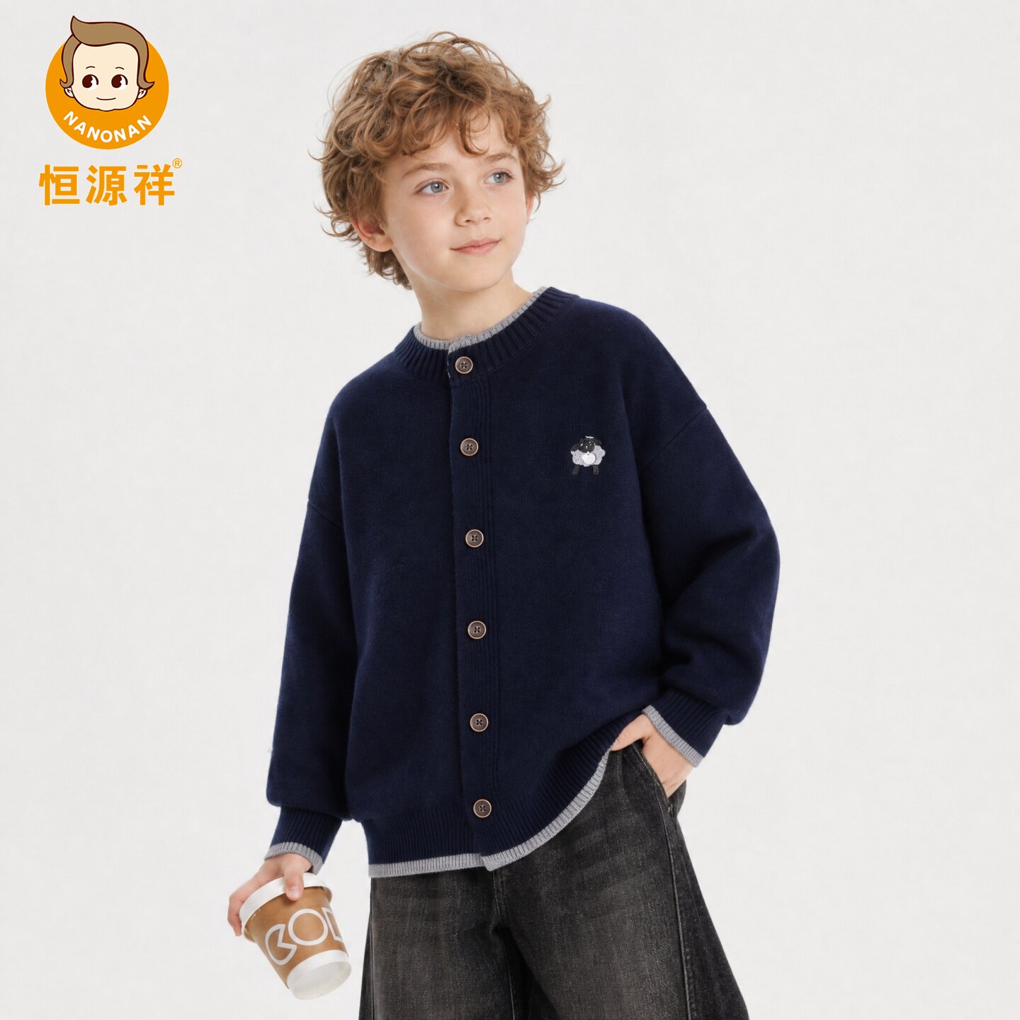 恒源祥男童100%羊毛加厚开衫