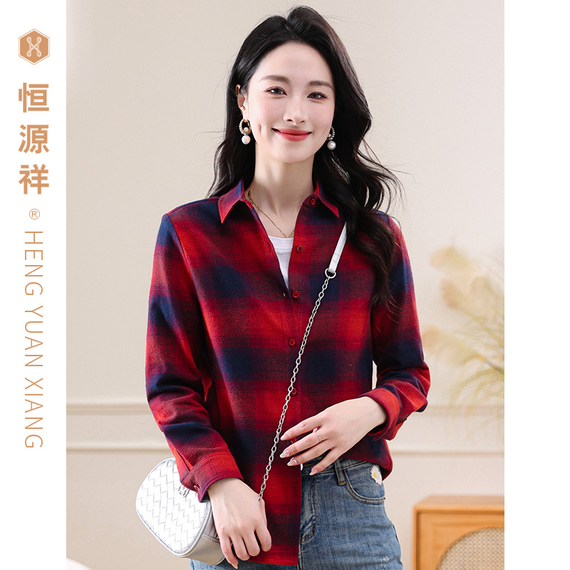 恒源祥格子衬衫女纯棉薄款夏季透气长袖宽松洋气衬衣外穿休闲上衣