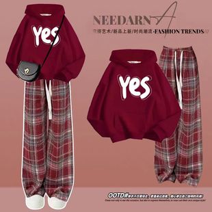 格子褲 女童超好看紅色衛(wèi)衣套裝 中大童薄款 爆款 2025春秋新款 兩件套