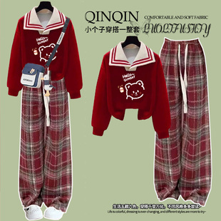 女童巨好看冬装2025新款洋气时髦套装中大童红色卫衣格子裤两件套