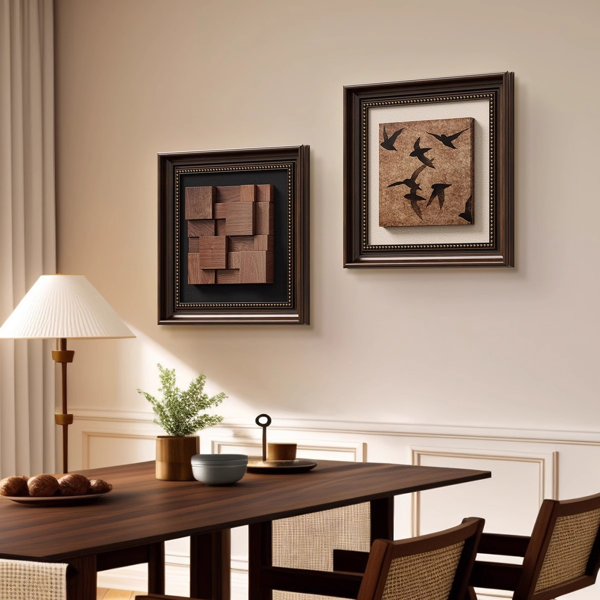 立体胡桃木实木挂画中古客厅装饰画法式沙发背景墙壁画餐厅玄关画图片