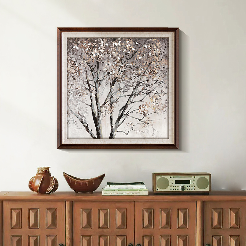 中古玄关装饰画复古壁画树黑白餐厅高级感肌理画美式卧室书房挂画图片