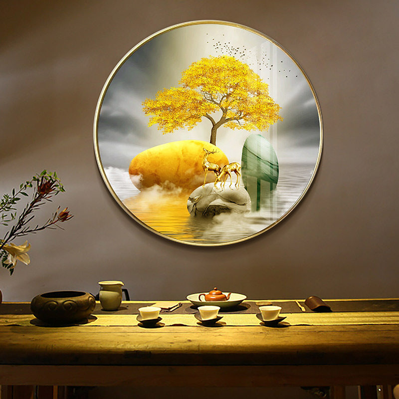 新中式玄关装饰画圆形沙发背景墙挂画招财墙面壁画美式客厅油画鹿