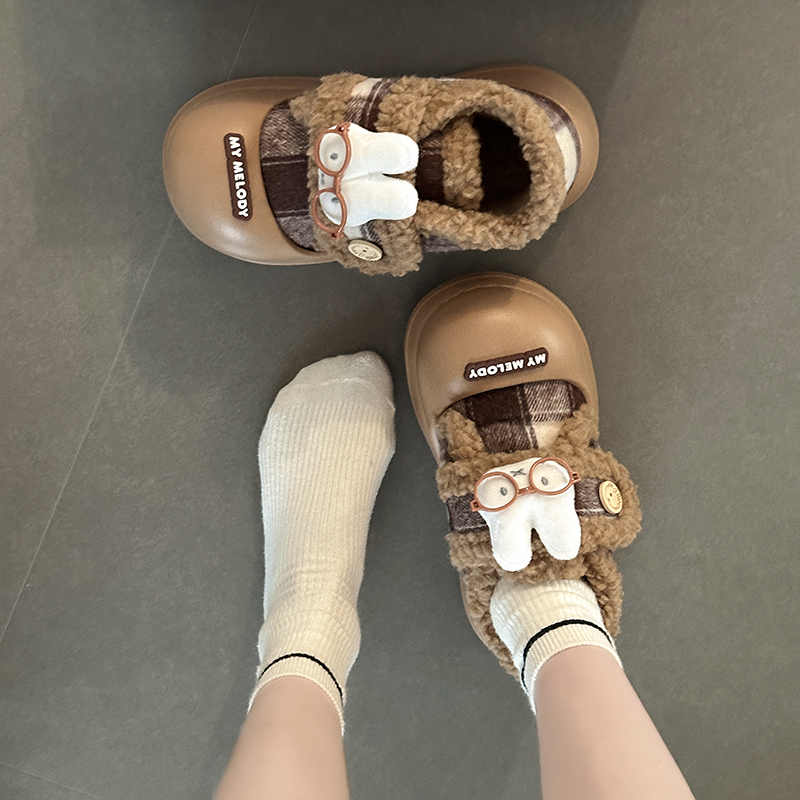 日本offcat卡通风眼镜小熊毛毛边拼接圆头棉鞋女2025冬季新款百搭