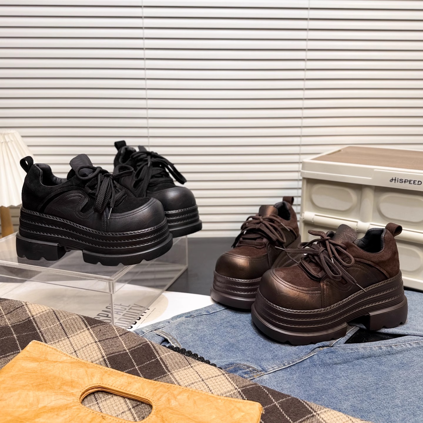 日本offcat8cm磨砂真皮松糕厚底德比大头小皮鞋女系带圆头单鞋潮