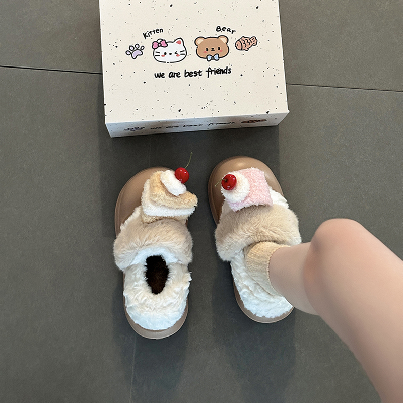 日本offcat可爱少女心卡通小蛋糕毛毛拖鞋女士2025冬季新款翻边包