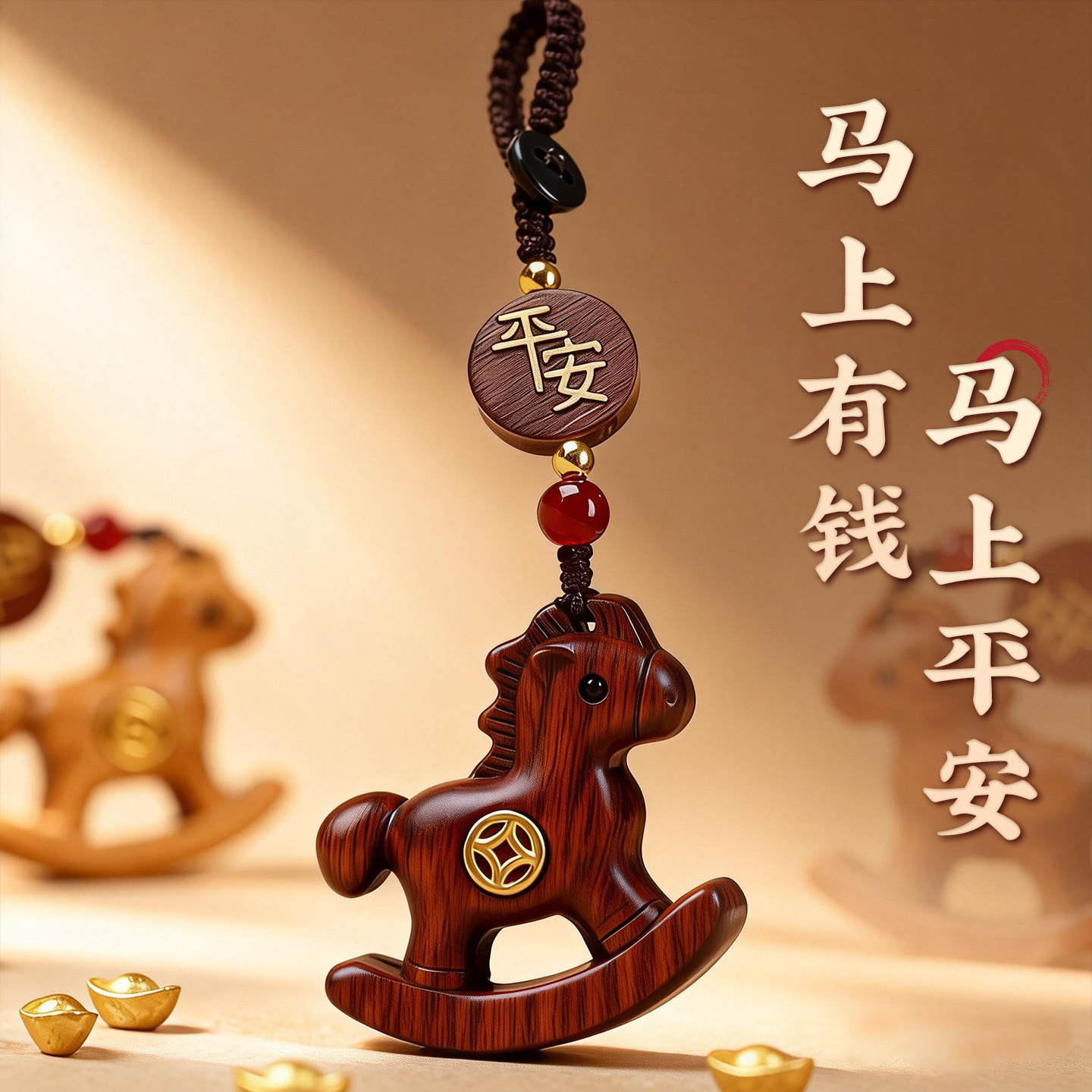 马上有钱钥匙扣挂件紫檀木雕汽车手机包挂生肖马本命年小木马创意