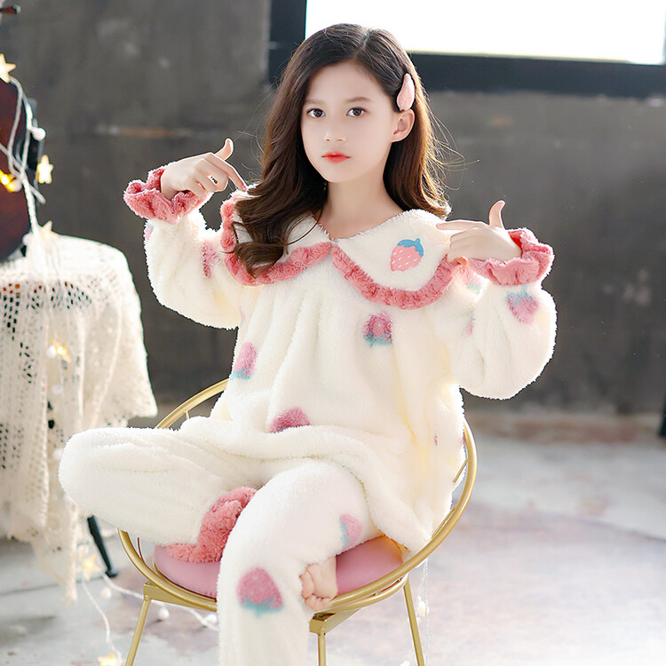 儿童法兰绒睡衣女童秋冬加厚保暖可爱长袖女孩珊瑚绒家居服套装