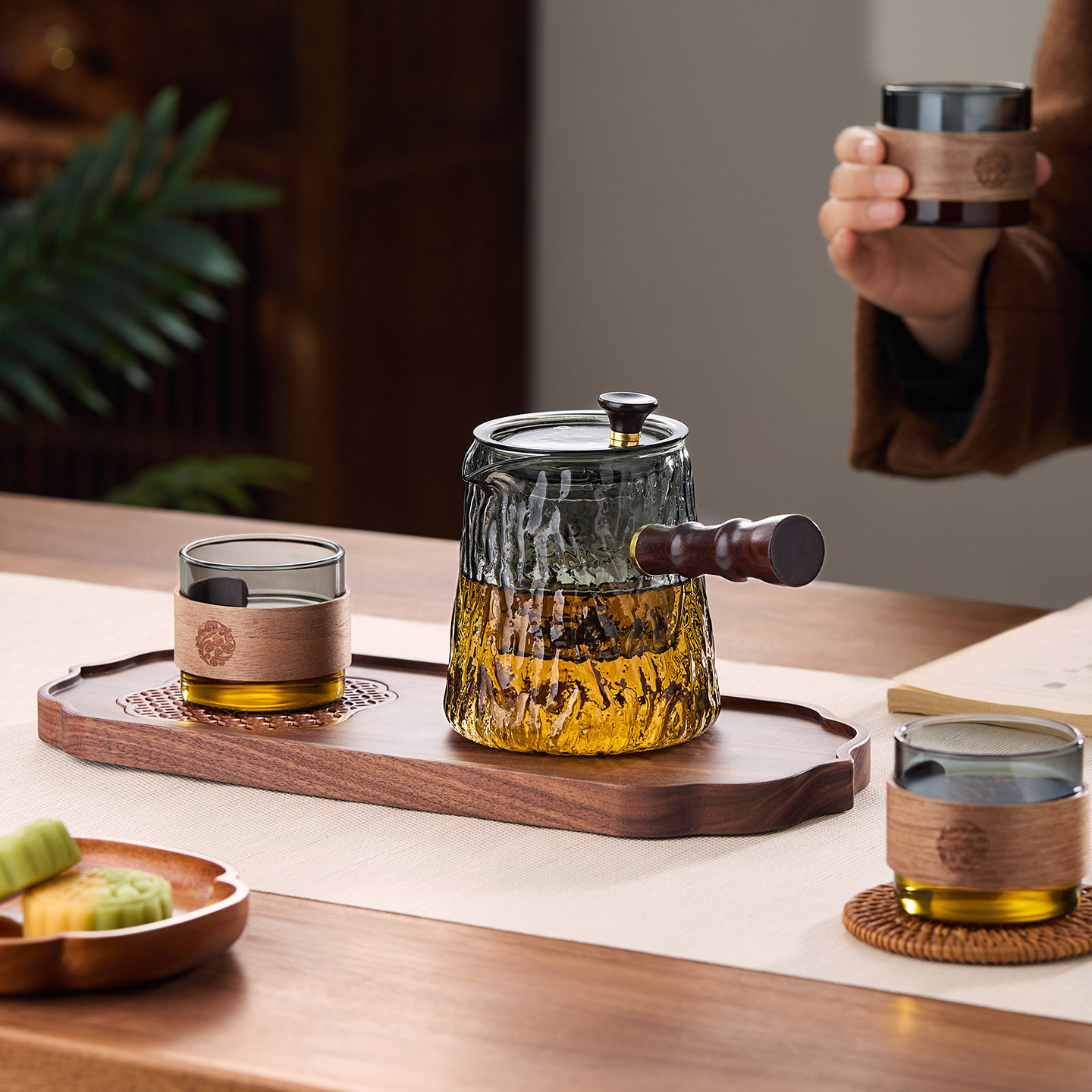 锤纹侧把煮茶壶加厚耐高温玻璃竹节过滤煮茶器单壶电陶炉烧水茶具