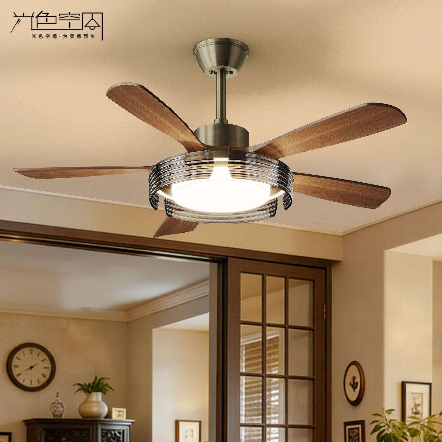 实木中古风高级感风扇式吊灯复古客厅一体电风扇灯餐厅卧室吊扇灯