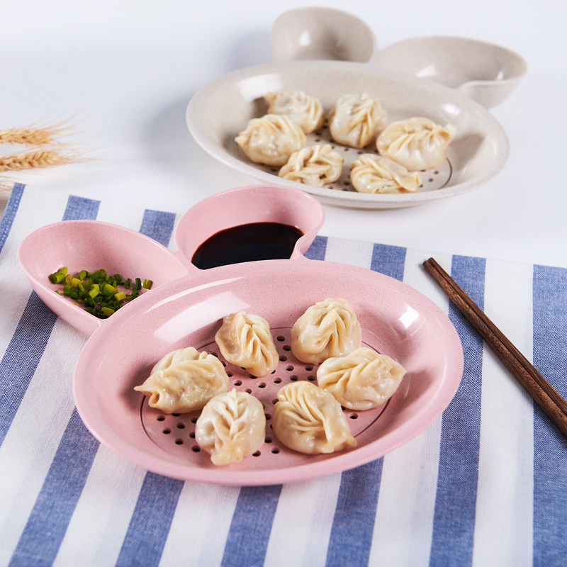 小麦秸秆带醋碟饺子盘厨房卡通兔子双层沥水盘水饺盘创意家用餐盘