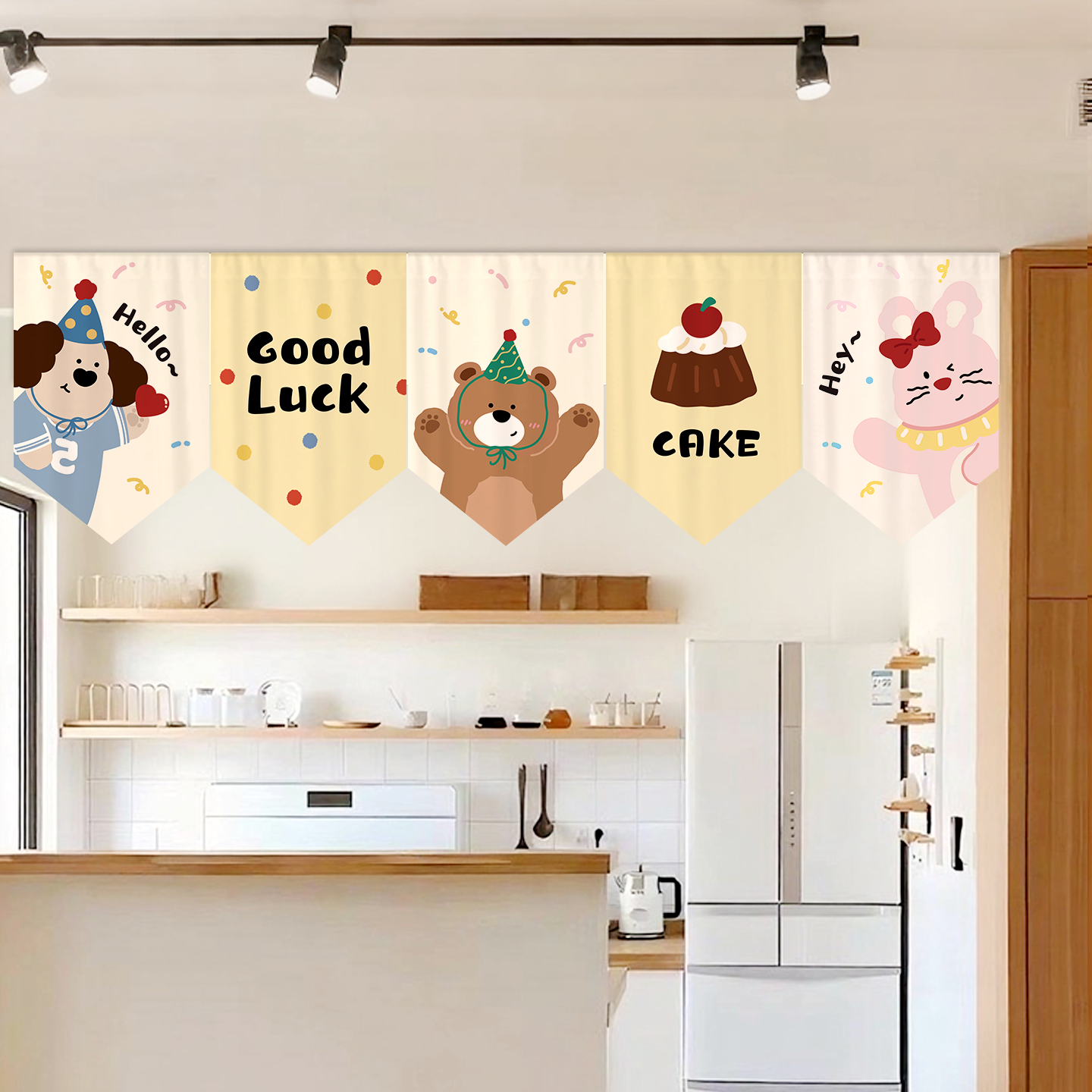 卡通三角旗帘厨房装饰隔断帘挂帘玄关门帘半帘免打孔魔术贴窗帘