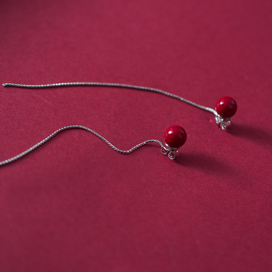 新年红色珠耳夹女无耳洞耳环长款气质简约珍珠饰蚊香盘B505