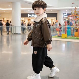 男童冬装皮衣外套复古机车风加绒加厚夹克洋气宝宝套装儿童上衣服