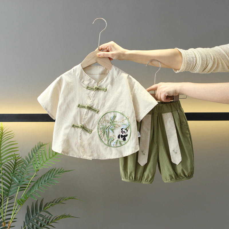 女寶寶夏裝中國風(fēng)唐裝男童棉麻兒童夏季新中式刺繡兩件套漢服套裝