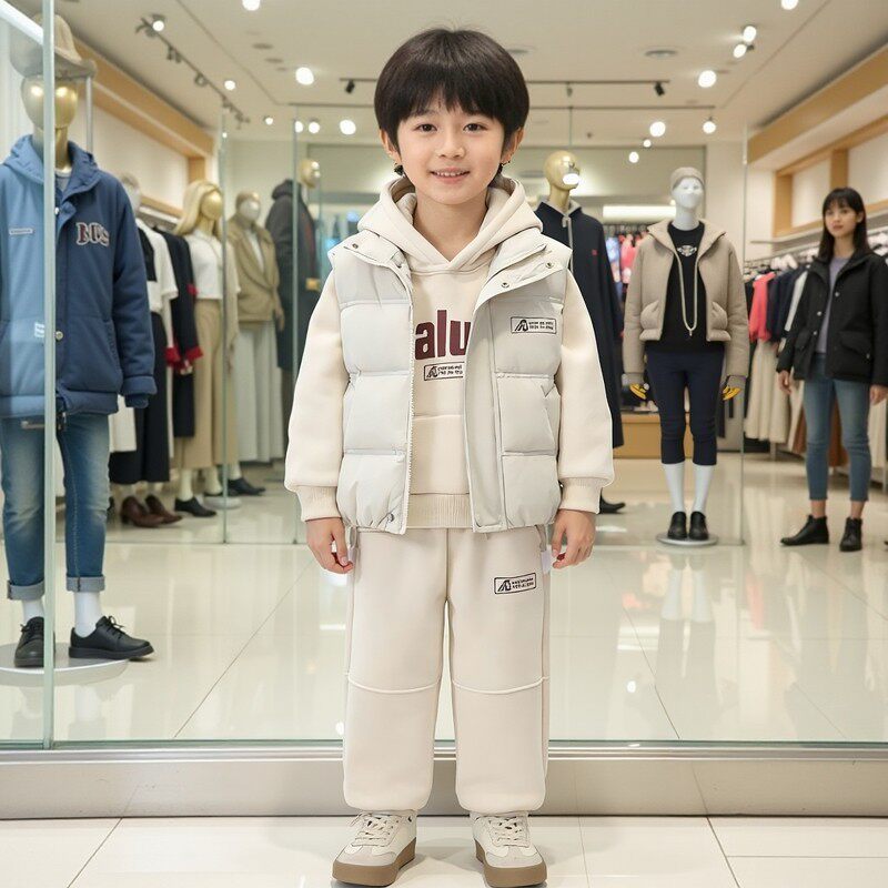 儿童冬装加绒加厚保暖连帽宝宝卫衣马甲三件套男女童时尚年服套装