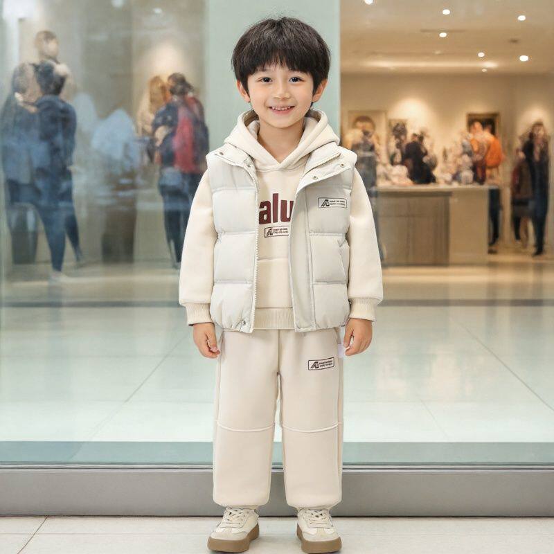 儿童冬装加绒加厚保暖连帽衫宝宝卫衣马甲三件套男女童时尚套装潮