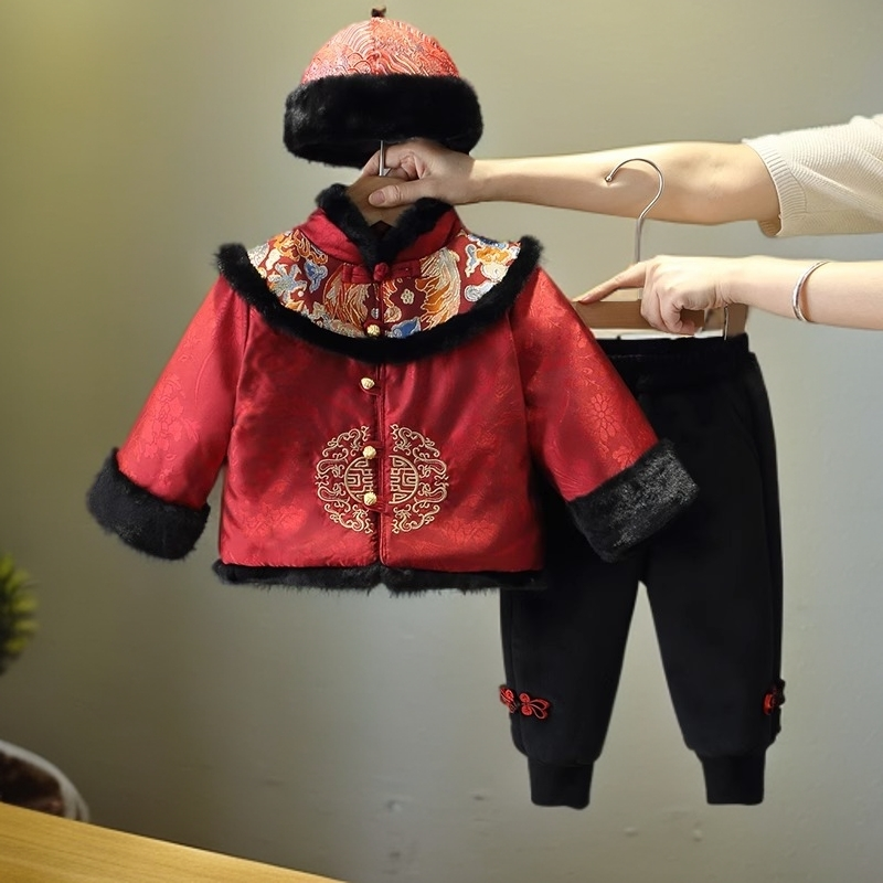 婴儿童新年唐装国风冬季加厚男宝宝周岁礼服喜庆抓周女童汉服套装