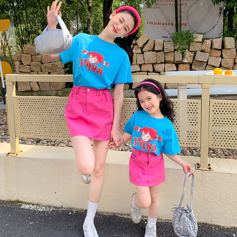 高端亲子装2025新款女童洋气短袖t韩版洋气短裙夏季母女装T恤套装