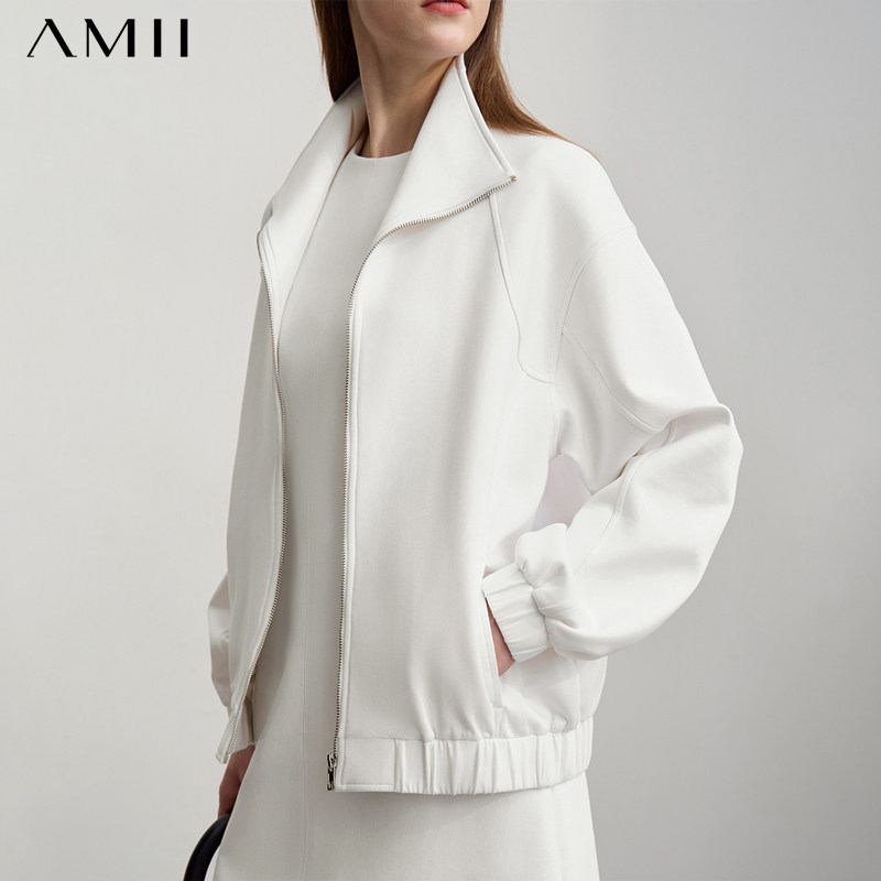 Amii2026春新款活力立领翻领拉链棉感空气层外套女宽松落肩袖上衣