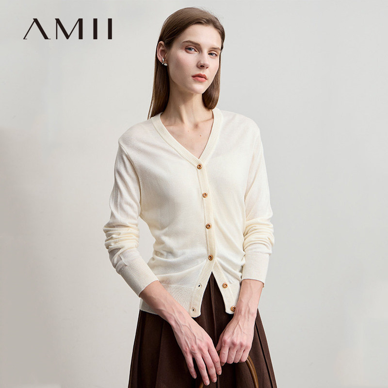 Amii【含绵羊毛】2026春韩版休闲简约针织衫开衫长袖针织衫女外穿