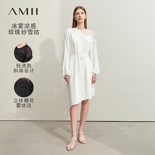 连衣裙女款 Amii2026春新款 宽松不规则斜裙摆拼雪纺露肩花边长袖