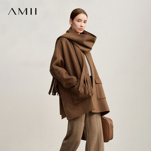 Amii2025冬新款 超宽松中长无弹配围巾落肩全羊毛双面呢外套大衣