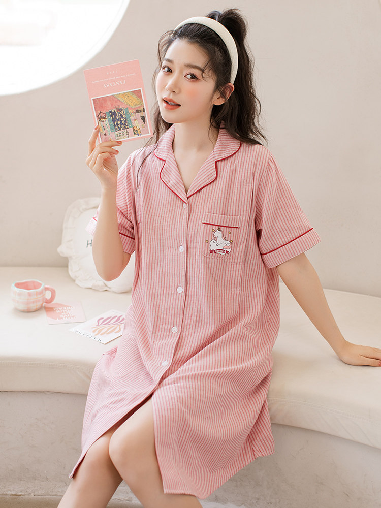 가정 시간 간호 잠옷 여름 얇은 산후 반팔 순면 거즈 감금 의류 출산 스커트 잠옷 복장