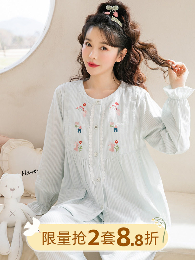 홈 타임 여름 산후 옷 얇은 산후 순면 거즈 땀 흡수성 출산 간호 옷 잠옷 간호 가정 옷