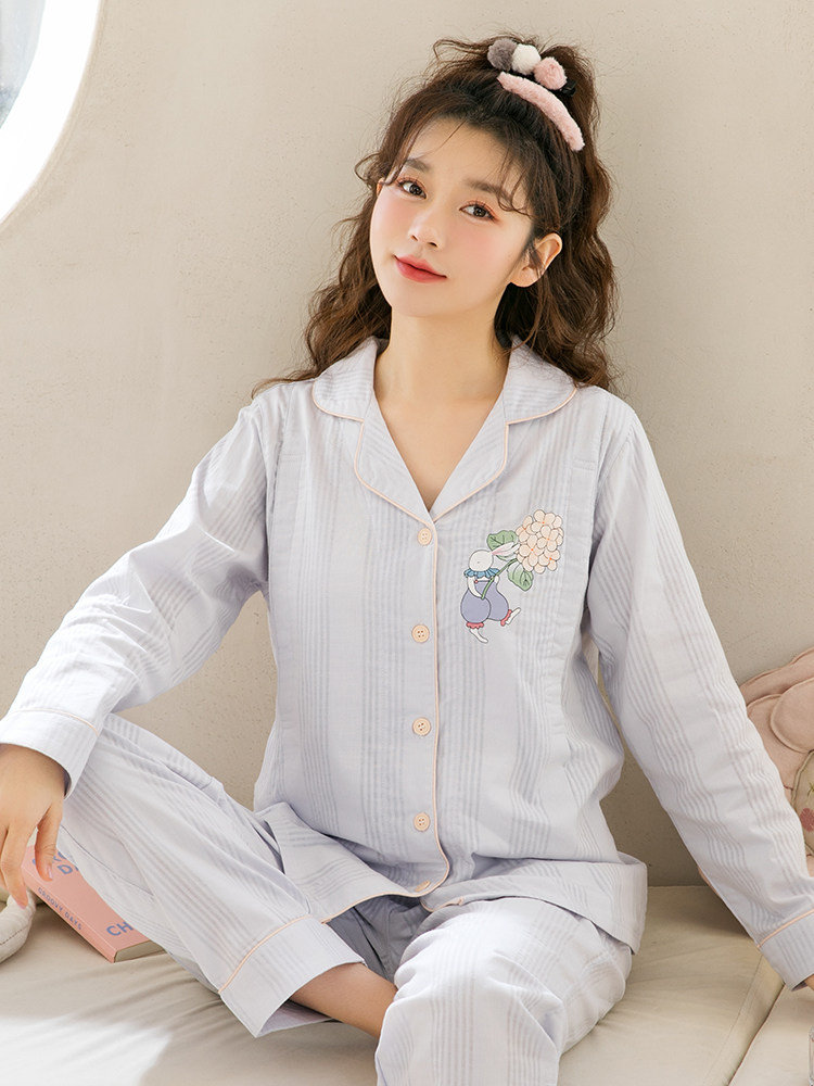 홈 타임 여름 거즈 감금 옷 얇은 산후 순면 출산 간호 의류 잠옷 봄과 가을 출산 가정 의류