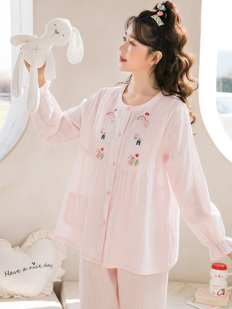 홈 타임 여름 산후 옷 얇은 산후 순면 거즈 땀 흡수성 출산 간호 옷 잠옷 간호 가정 옷