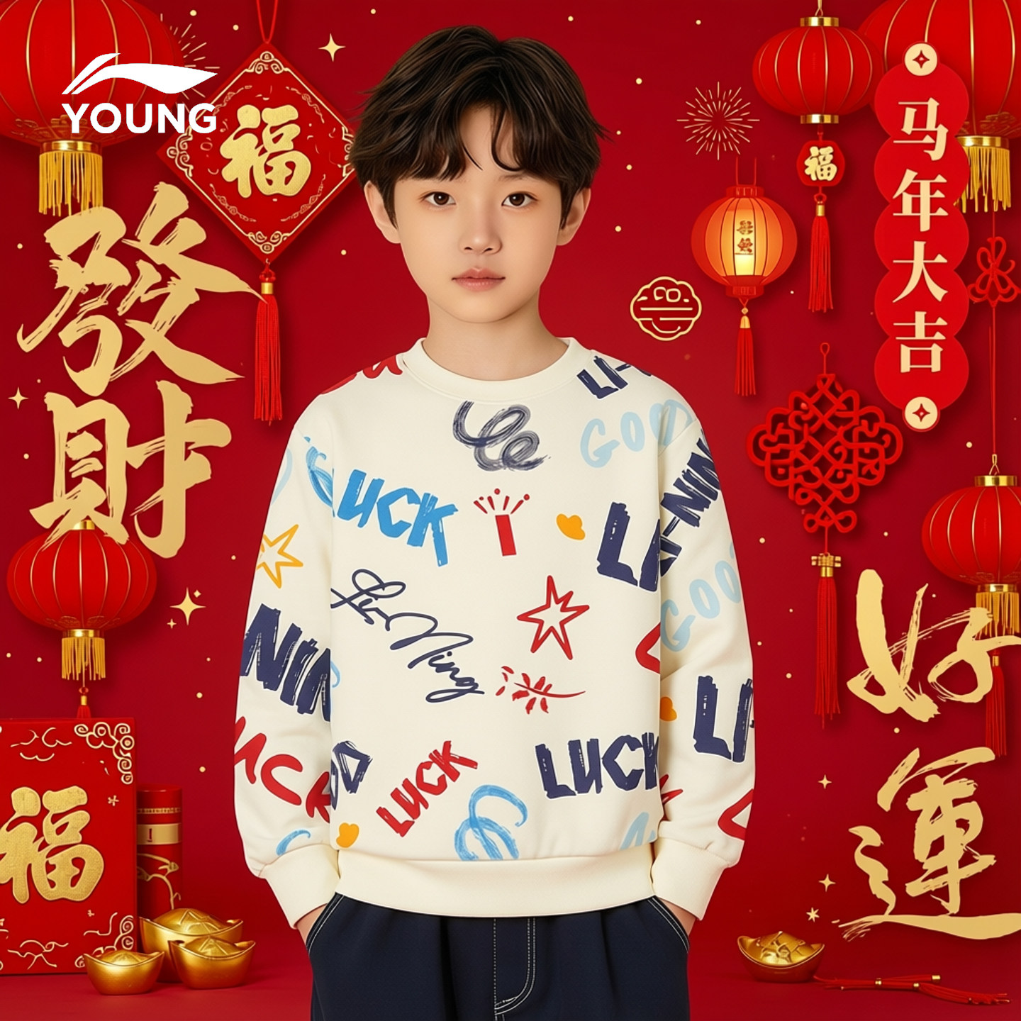 李宁儿童卫衣男女小大童马年春季新款宽松长袖青少年过新年针织衫,童装/婴儿装/亲子装,卫衣/绒衫,淘宝优惠券,粉丝福利购,淘宝优惠卷