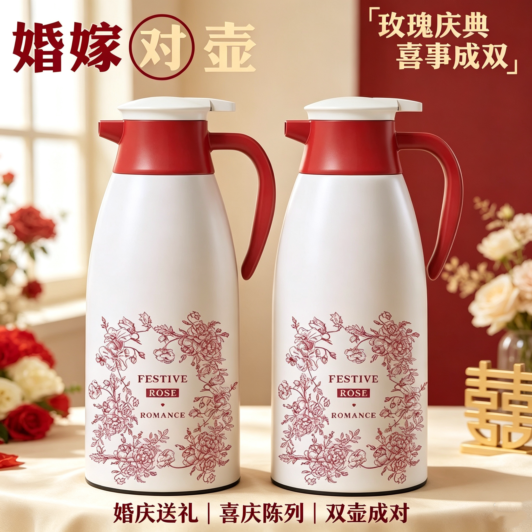 结婚陪嫁红色玻璃胆大容量保温壶
