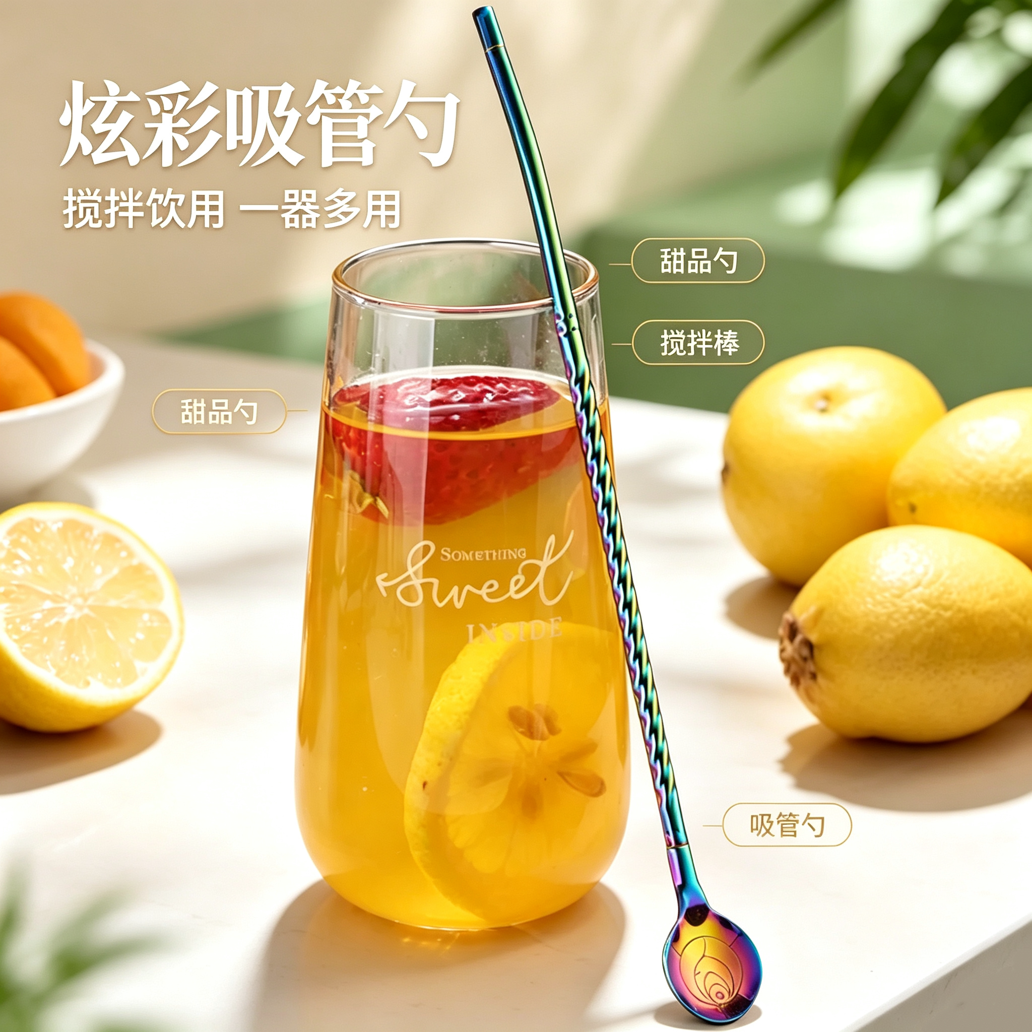 304不锈钢樱花弯管吸管勺搅拌