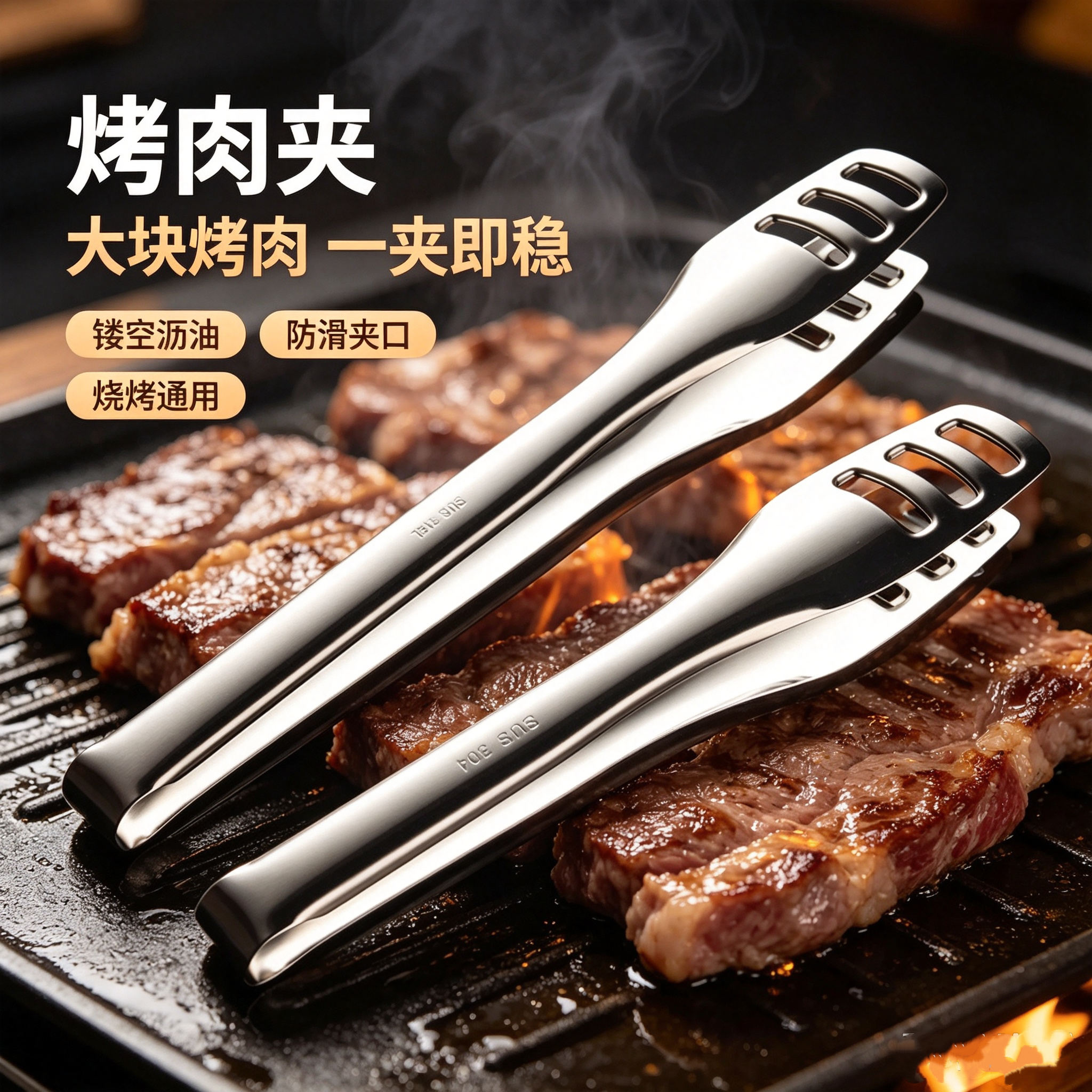 316不锈钢方头多功能烧烤夹
