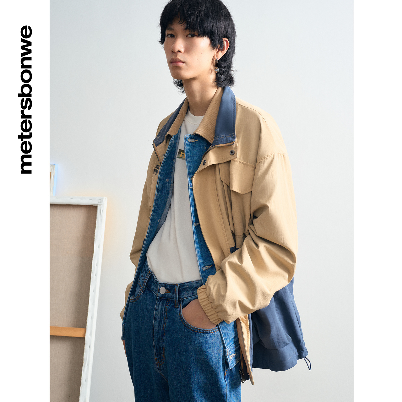 美特斯邦威撞色拼接立领工装夹克男春季新款休闲宽松型外套男