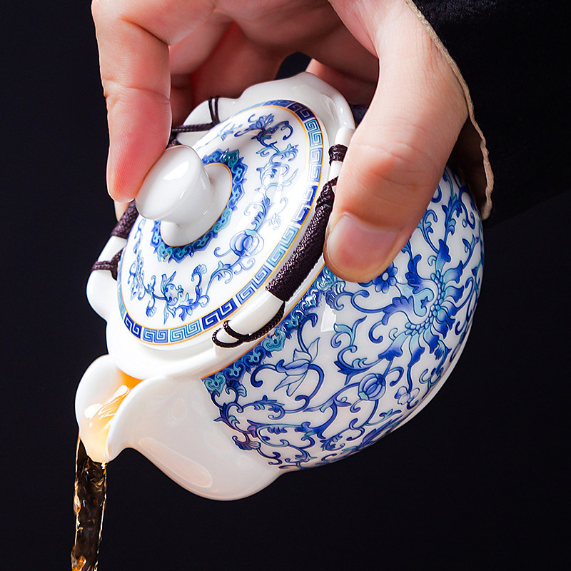 羊脂玉白瓷手抓壶盖碗茶杯单个高档防烫泡茶碗缠枝莲功夫茶具套组