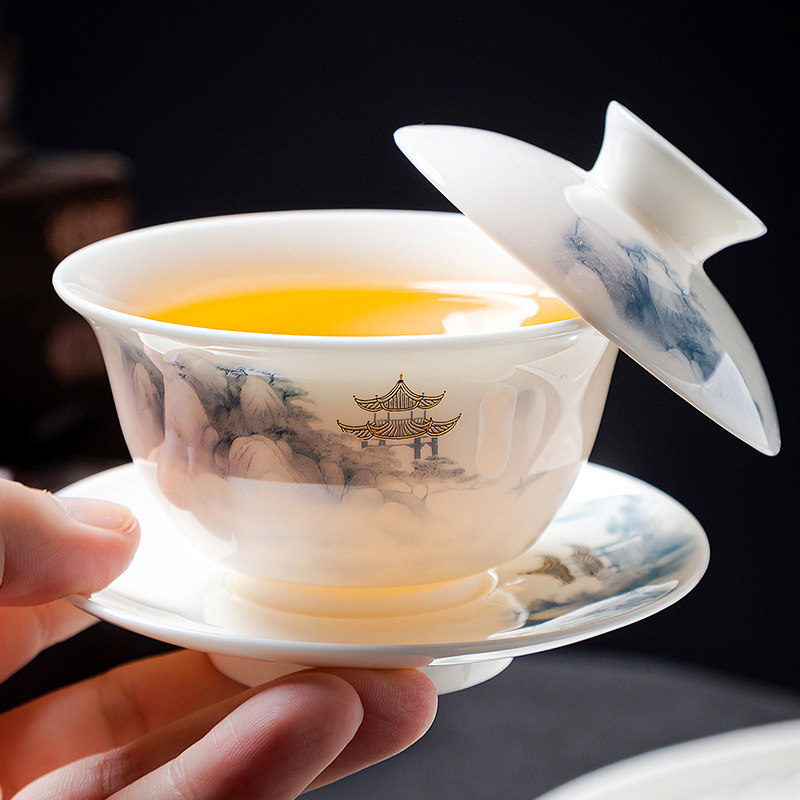 羊脂玉悬停可旋转盖碗茶杯德化白瓷三才茶碗带盖子单个功夫茶具套