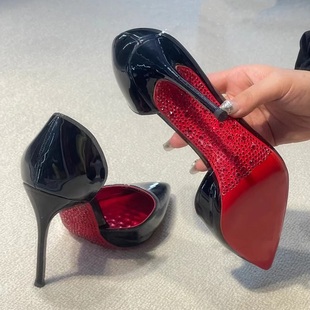 侧空红底高跟鞋女2025春新款绝美性感超浅口尖头水钻细跟单鞋黑色