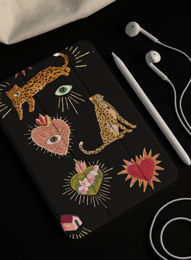 ipad平板壳豹子爱心图潮2025创意mini6笔槽air7新款套9黑色适用小米7pro横竖旋转vivopad2卡通oppopad3日韩13