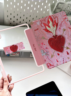 ipadair5保护套2024款pro11寸保护壳粉红mini6平板10轻薄亚克力3带笔槽火焰爱心防弯防摔9.7旋转air6三折好看
