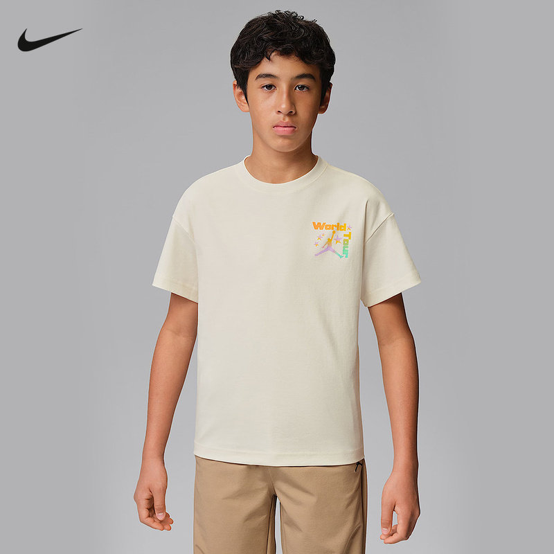 Nike耐克夏新款大童圆领T恤男童棉质半袖字母印花短袖 IW1474-110