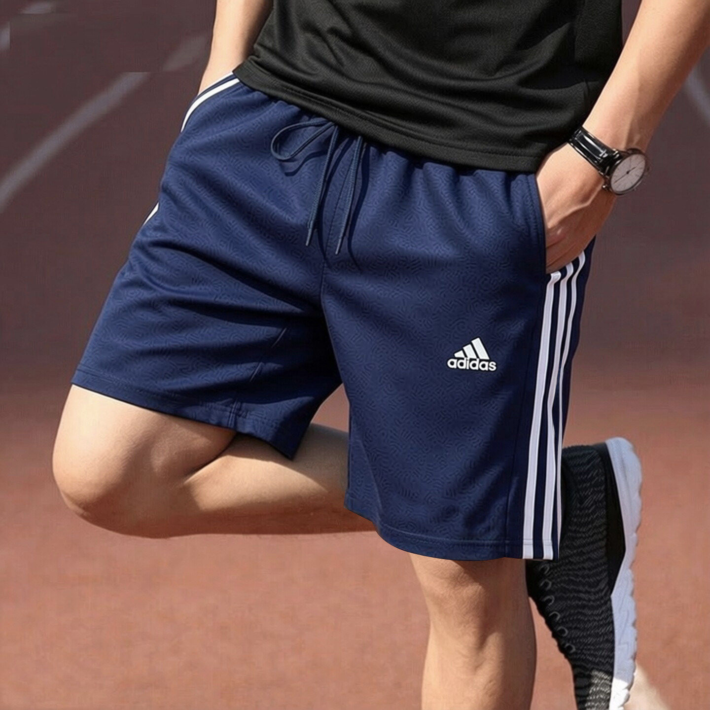 阿迪达斯蓝色短裤男夏季新款针织篮球三条纹宽松复古运动五分裤